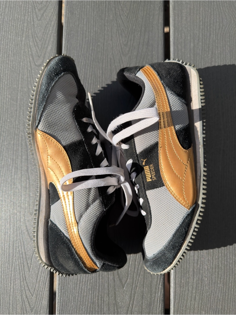 Puma Speeder Running Shoes Women Sneaker Retro Black Gold Suede Streetwear 8.5 - Picture 3 of 9